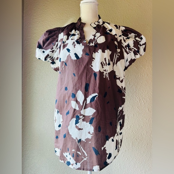 Entro XL Floral Puff Sleeve Blouse Brown Cream Ruffle Neck Boho Boutique Top - Picture 2 of 7